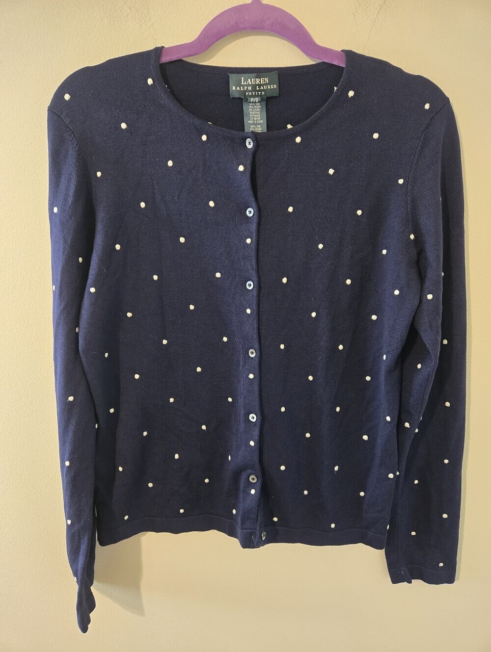 Lauren Ralph Lauren Petite P/S Navy Silk Blend Polka Dot Cardigan Sweater